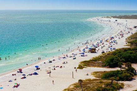 Ein malerischer Strand mit weißem Sand und türkisfarbenem Wasser, umgeben von Palmen und einem klaren blauen Himmel.