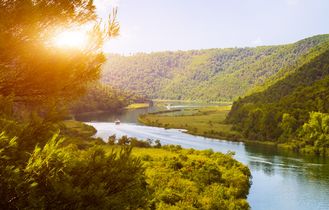 Ein Fluss, der sich durch eine grüne Landschaft schlängelt.