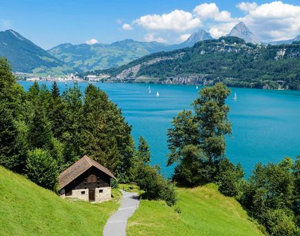 Almhütte auf einer Wiese mit Seepanorama