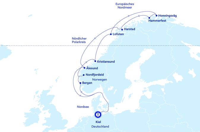 Routenverlauf der Vasco da Gama Kreuzfahrt Norwegen