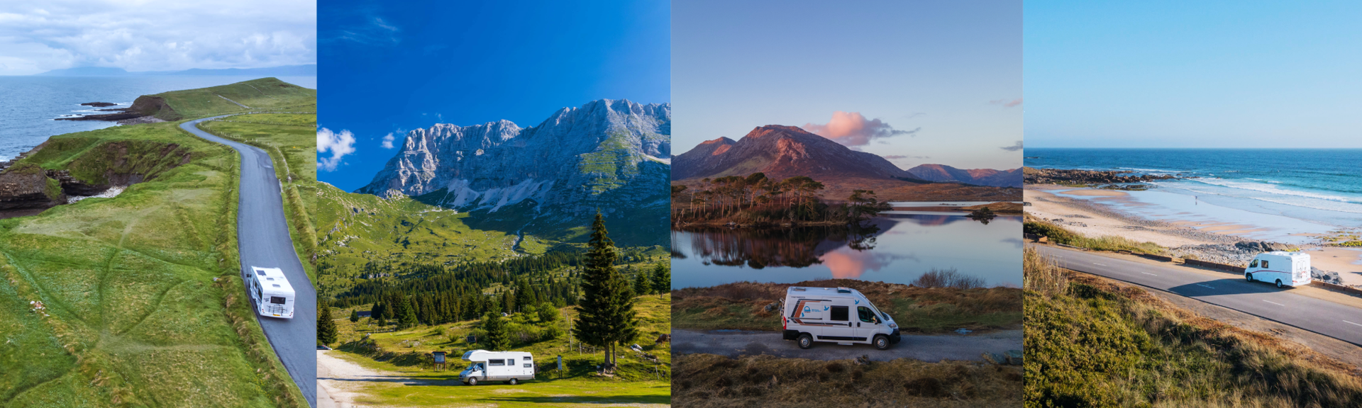 Kollage aus 4 Camper Bildern: 1: Camper steht vor einer Bergkulisse in der Schweiz.2: Camper steht vor einem See in Irland. 3: Camper fährt entlang einer Route am Meer in Schottland. 4: Camper fährt an Küstenstraße am Meer in Portugal