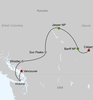 Landkarte Vancouver bis Calgary der Rundreise Abenteuer Westkanada von DER Tour