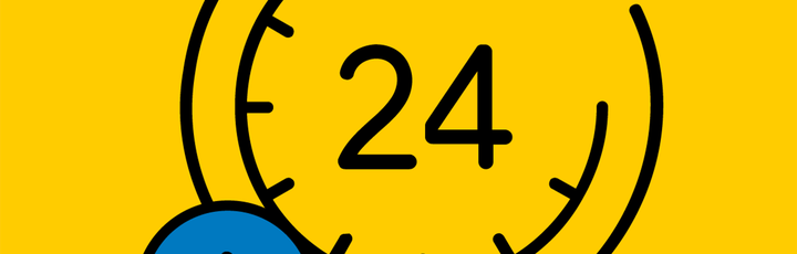 Ein gelbes Symbol, das eine Uhr darstellt, deren Zeiger auf "24" zeigen, daneben der Schriftzug "24-Stunden-Service" in schwarzer Schrift.