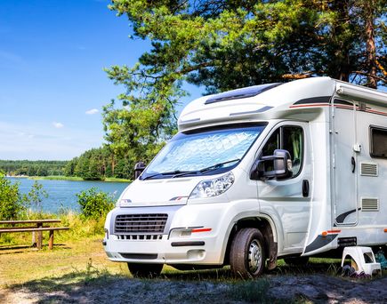 Ein weißes Wohnmobil parkt auf einem Campingplatz.