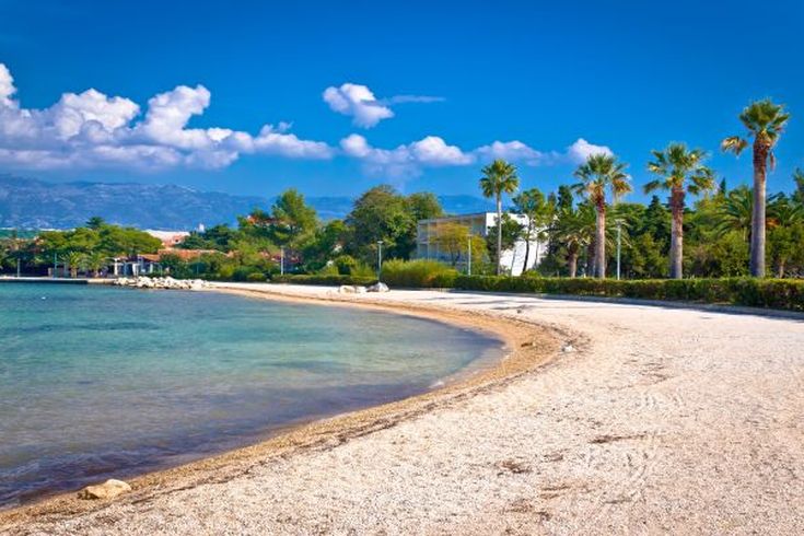 Ein Sandstrand mit Palmen und türkisblauem Wasser.