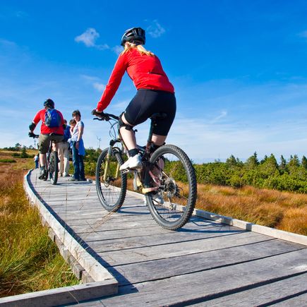 Urlaub im deutschen Mittelgebirge Schwarzwald Radfahrer auf Holzsteg