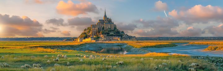 Blick auf Mont Saint Michel in der Normandie. Davor grüne Wiesen mit Schaafen.