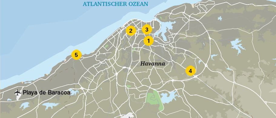 Eine Karte von Havanna, Kuba, mit eingezeichneten Sehenswürdigkeiten.