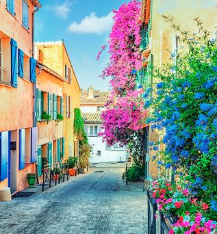 Schmale Gasse mit bunten Häusern und bunten Blumen, blaue Fensterläden