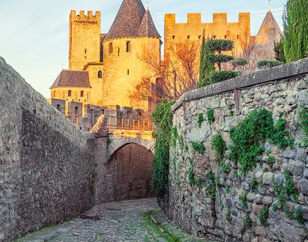 Eine imposante historische Burg oder Festung mit hohen Steinmauern und Türmen, umgeben von einem Kopfsteinpflasterweg und grünem Gras. Der Himmel ist teilweise bewölkt.