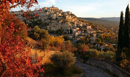 Eine Landschaft mit Bäumen in Herbstfarben und einem Fluss.