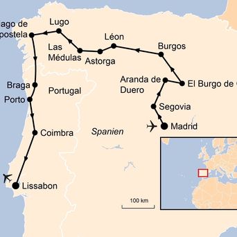 Karte einer Rundreise von Spanien und Protugal. Ab Lissabon geht es in den Norden von Portugal und anschließend Östlich durch die Mitte von Spanien nach 