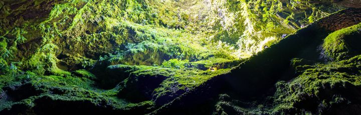 Blick auf grünen Vulkanhöhlen von Algar do Carvao