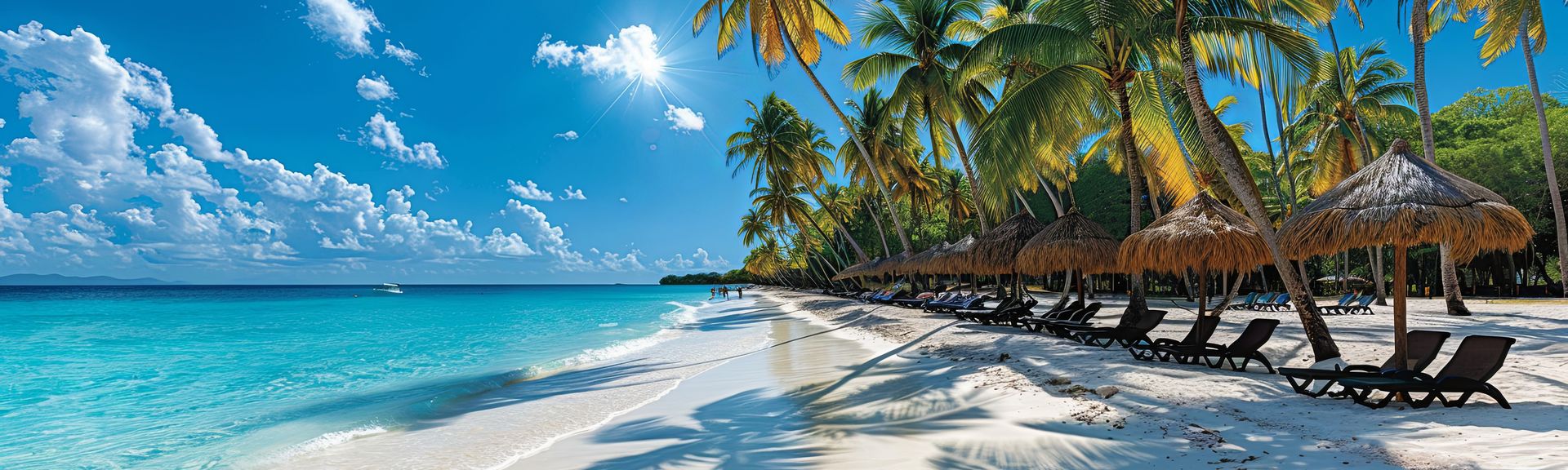 Strand mit Palmen und Sonnenschirmen